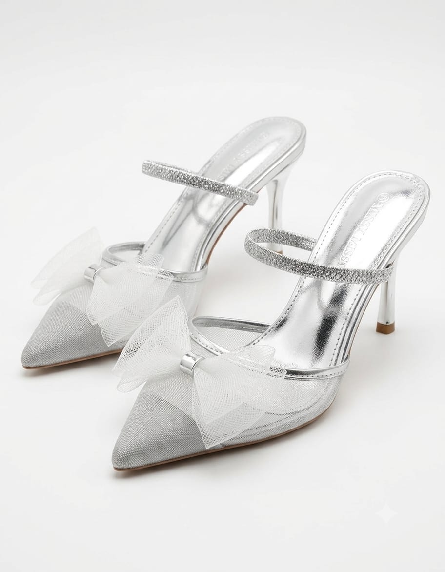 Elegant Sheer Tulle Bow Pointed Toe Heels