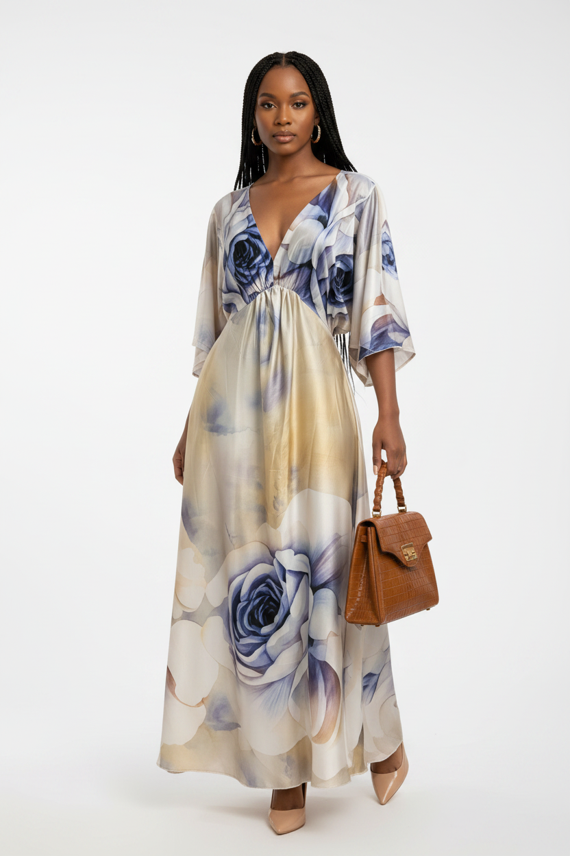 Flowing Plus Size Satin Wide Sleeve Maxi Dress