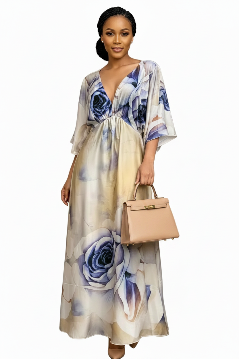 Flowing Plus Size Satin Wide Sleeve Maxi Dress