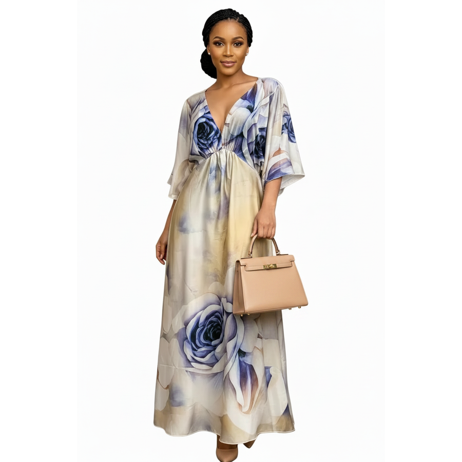 Flowing Plus Size Satin Wide Sleeve Maxi Dress