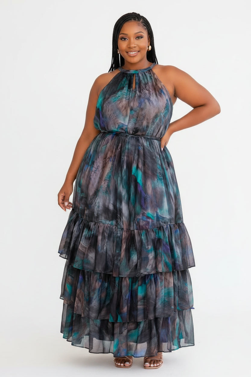 Peacock Print Halter Neck Maxi Dress