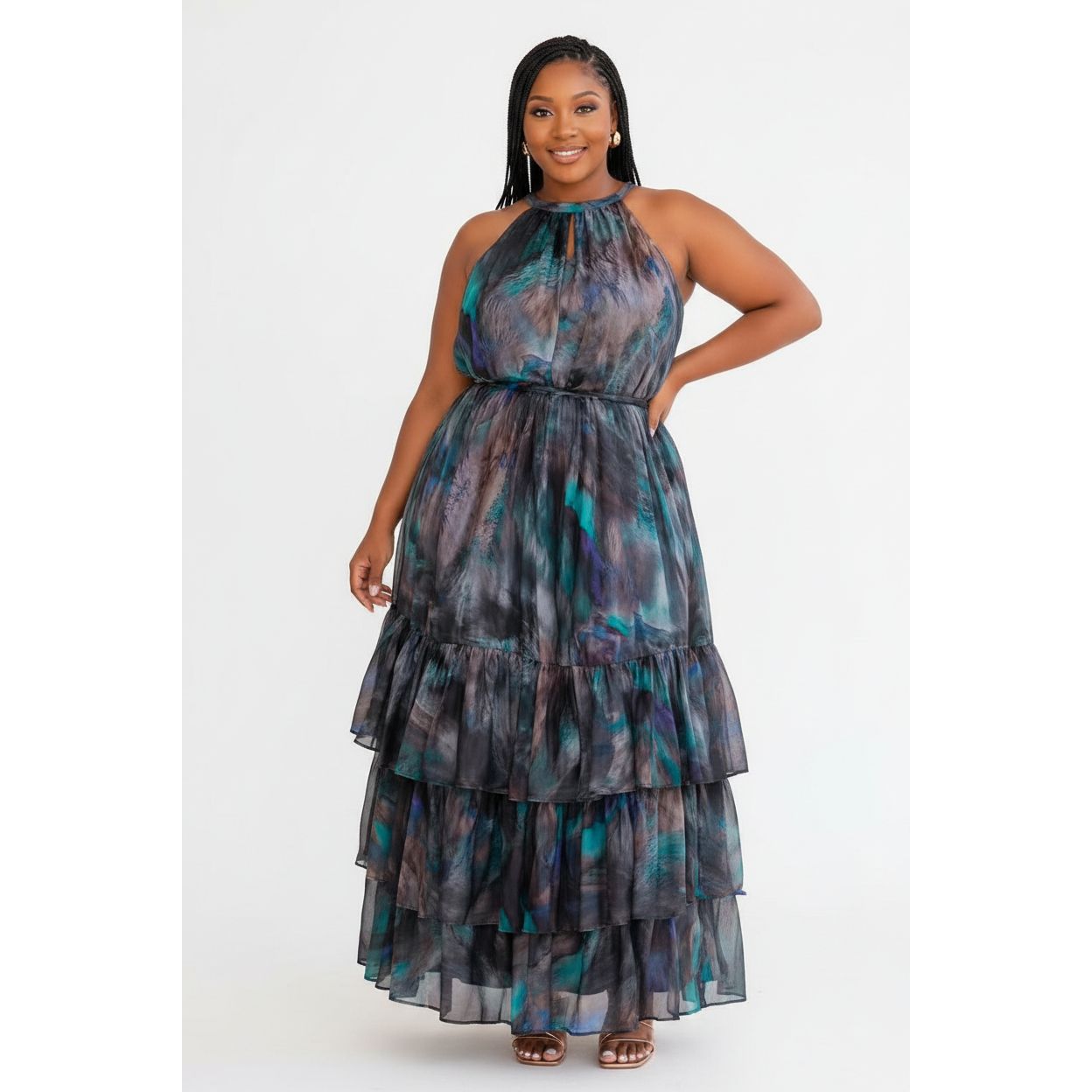 Peacock Print Halter Neck Maxi Dress