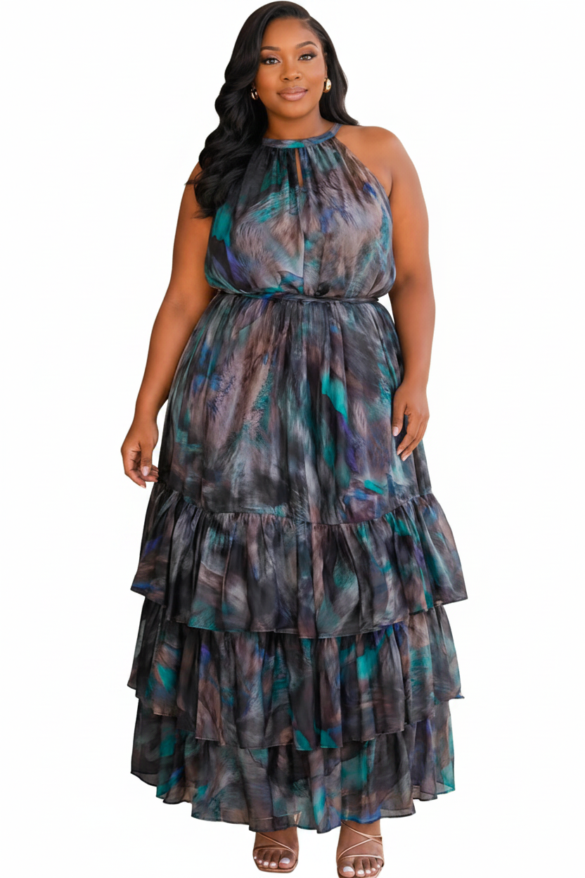 Peacock Print Halter Neck Maxi Dress