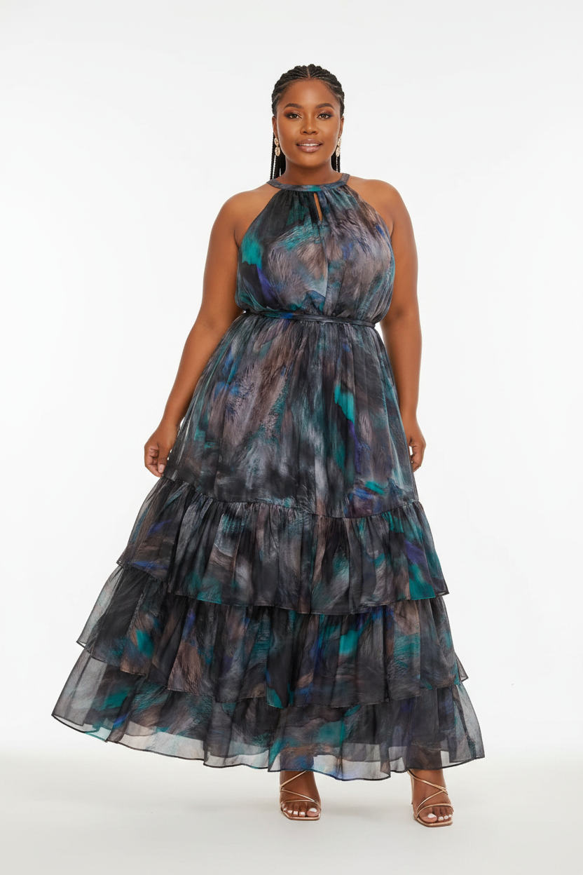 Peacock Print Halter Neck Maxi Dress