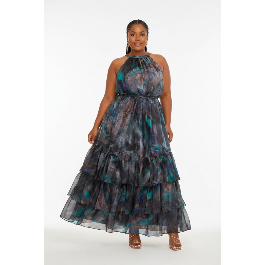 Peacock Print Halter Neck Maxi Dress