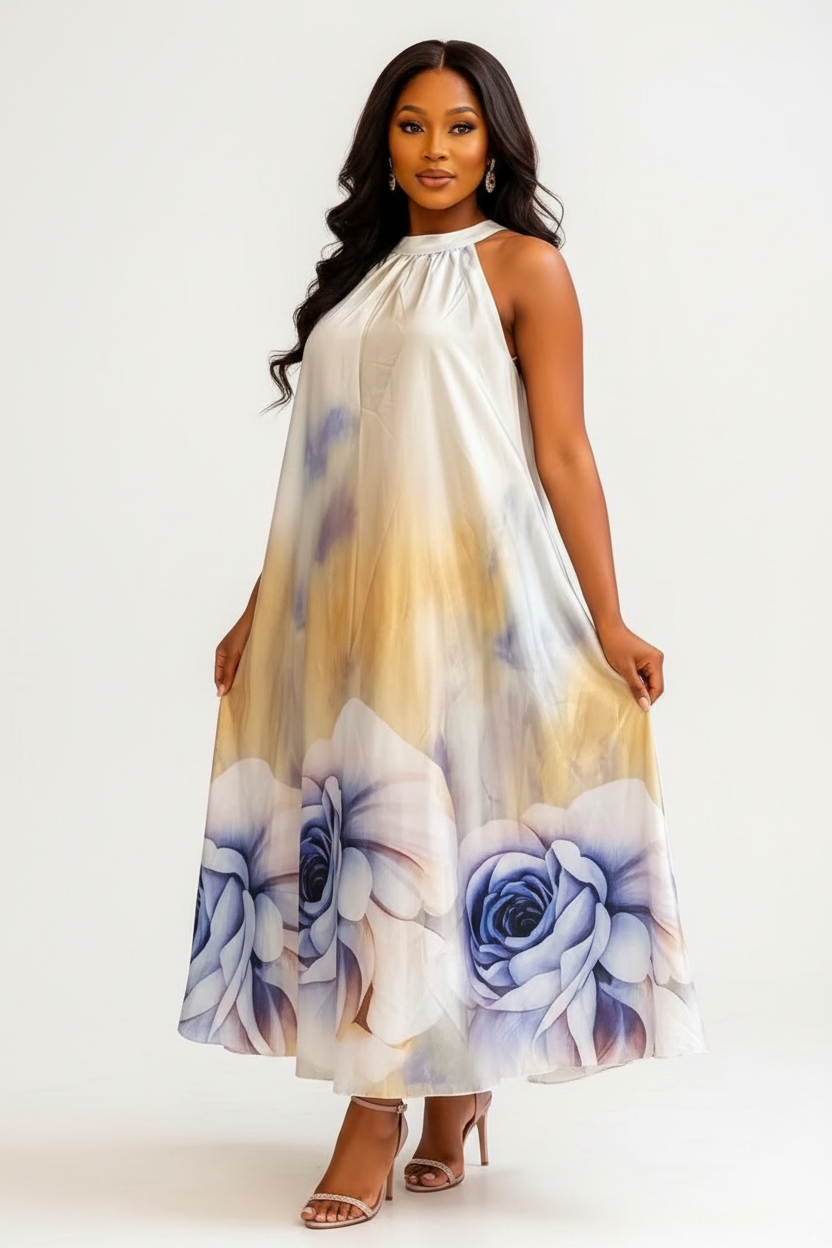 Satin Floral Halter Maxi Dress