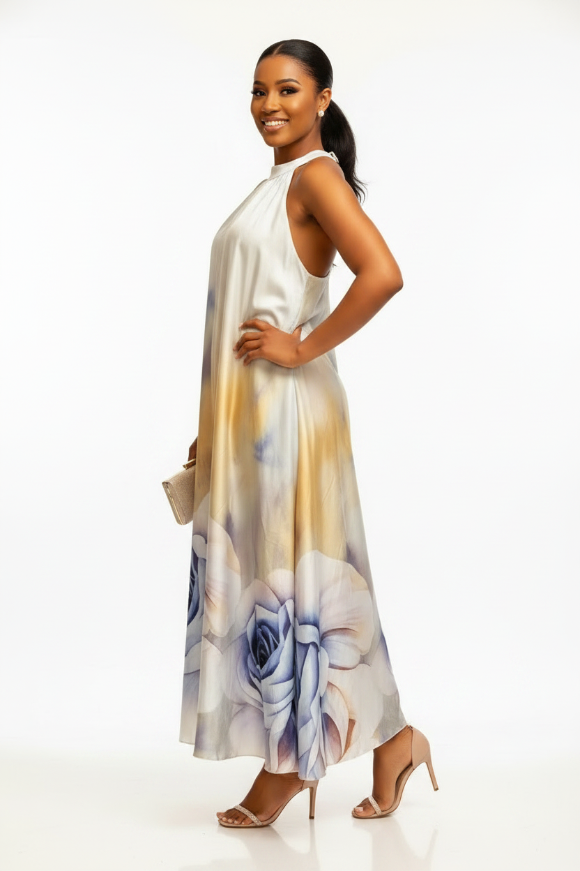 Satin Floral Halter Maxi Dress