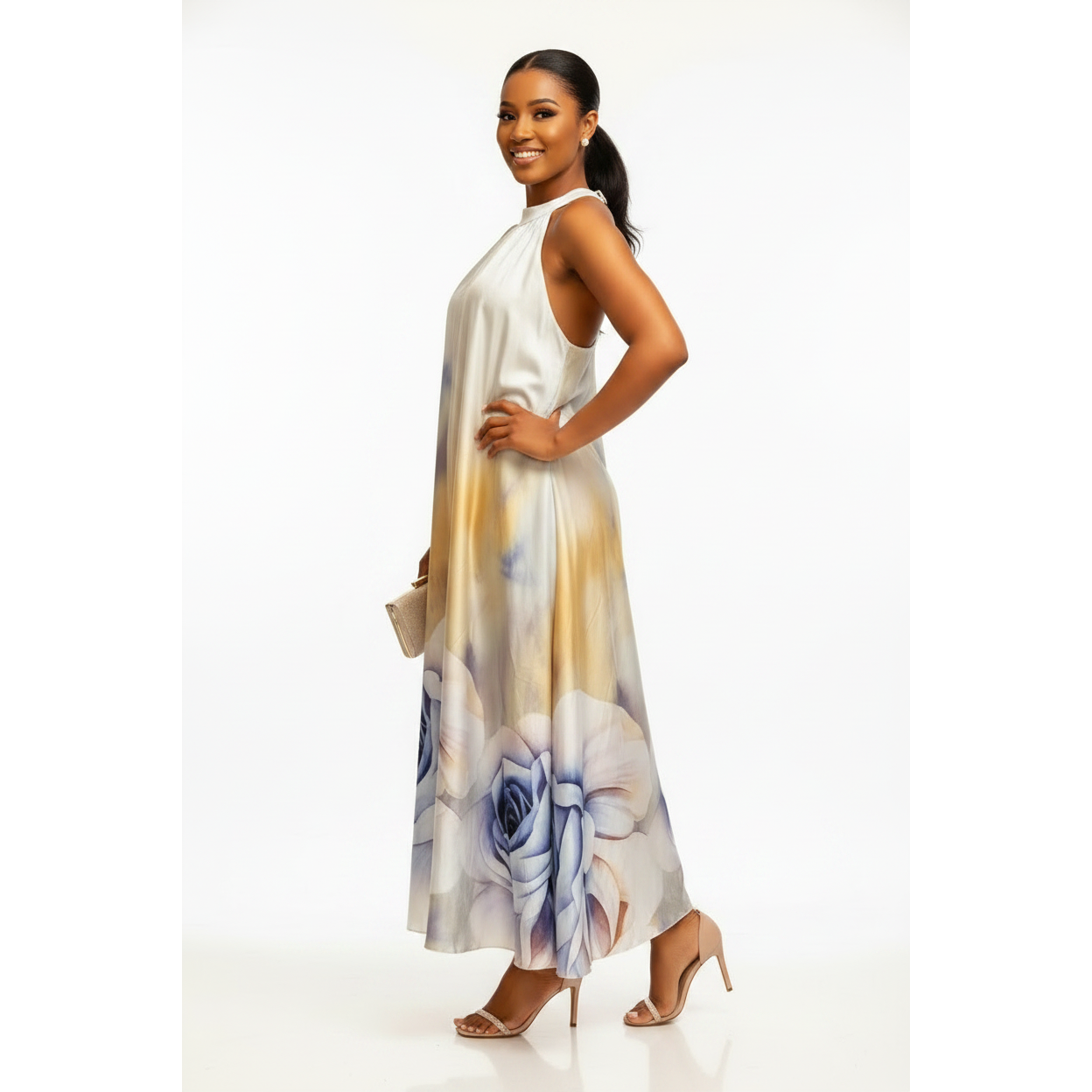 Floral Satin Halter-Neck Maxi Dress
