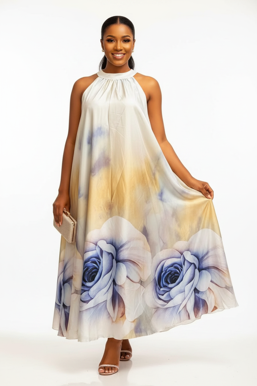Satin Floral Halter Maxi Dress