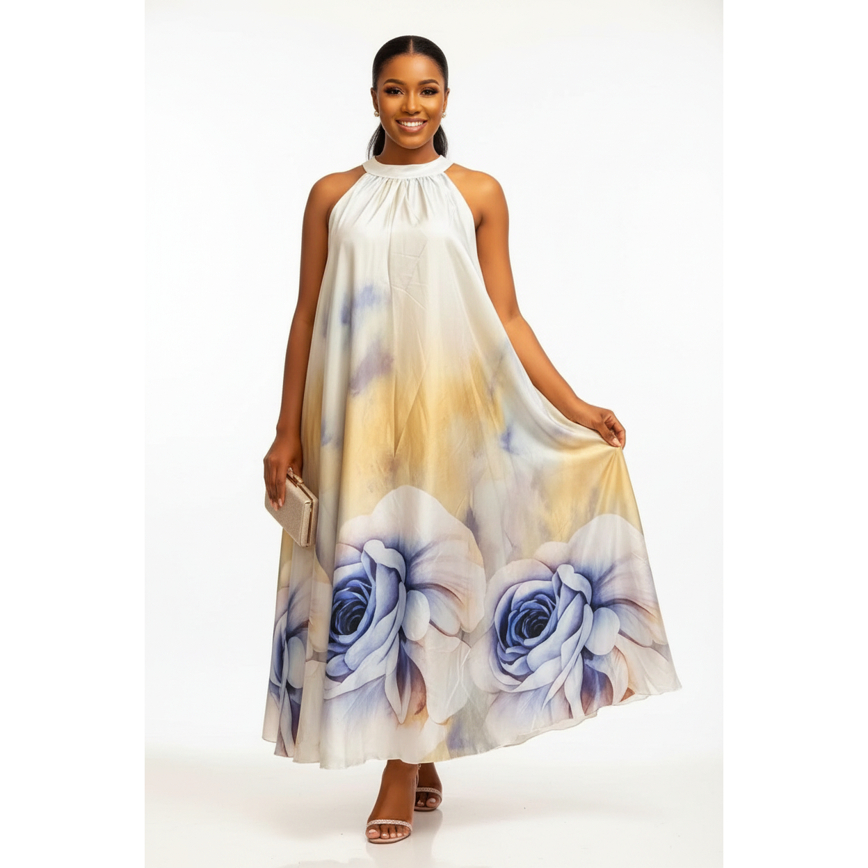 Floral Satin Halter-Neck Maxi Dress