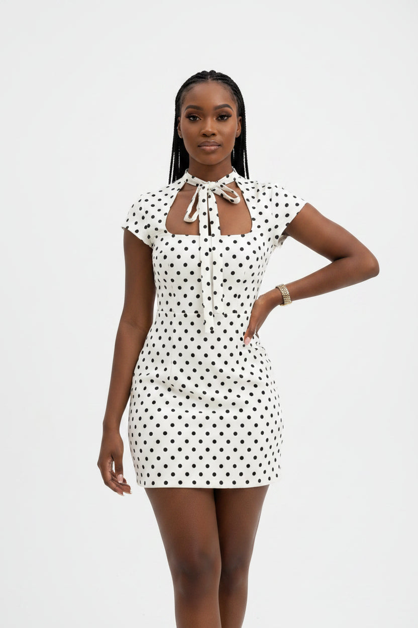 Polka Dot Short Cap Cut-Out Mini Dress
