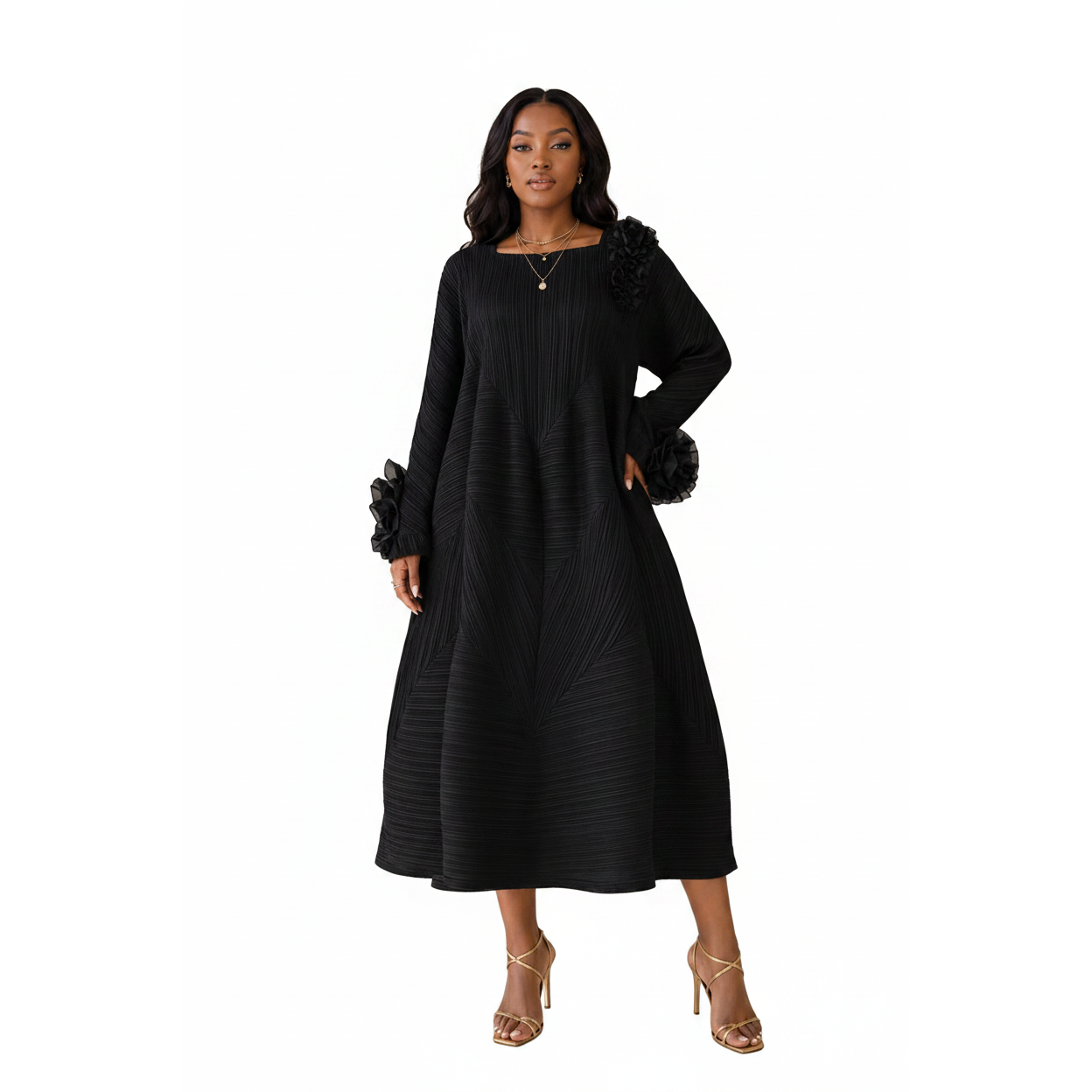 Floral Bell Sleeve Pleated Dress