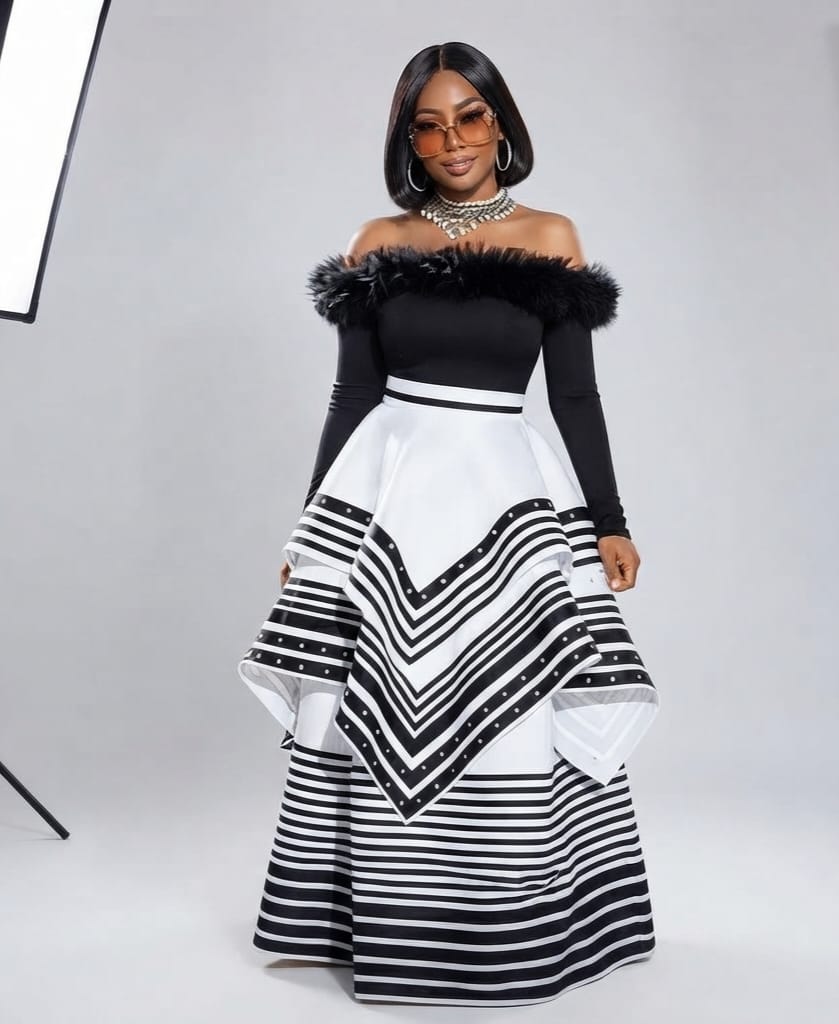 Off Shoulder Fur Two-Tone Traditional Tiered Dress