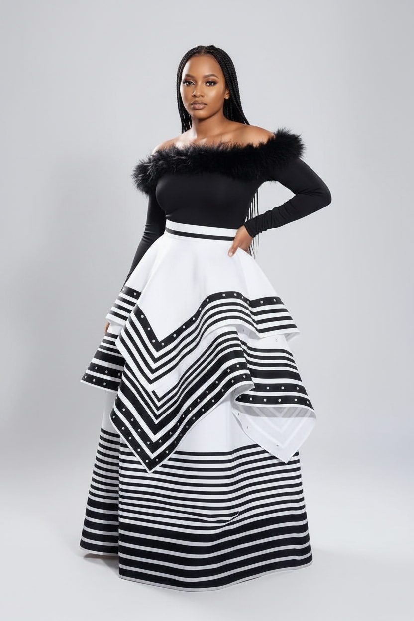 Off Shoulder Fur Two-Tone Traditional Tiered Dress