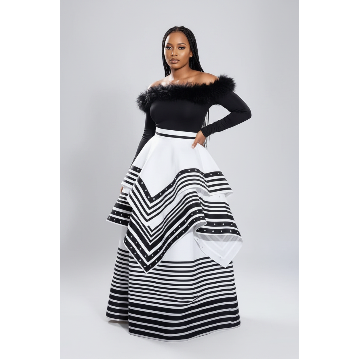 Off Shoulder Fur Two-Tone Traditional Tiered Dress
