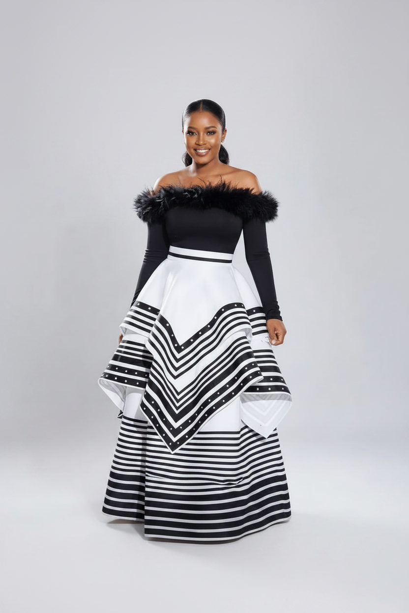 Off Shoulder Fur Two-Tone Traditional Tiered Dress