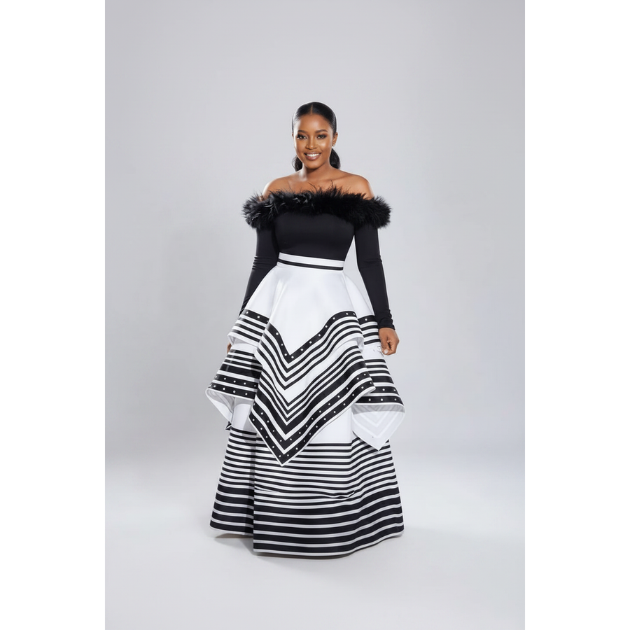 Off Shoulder Fur Two-Tone Traditional Tiered Dress