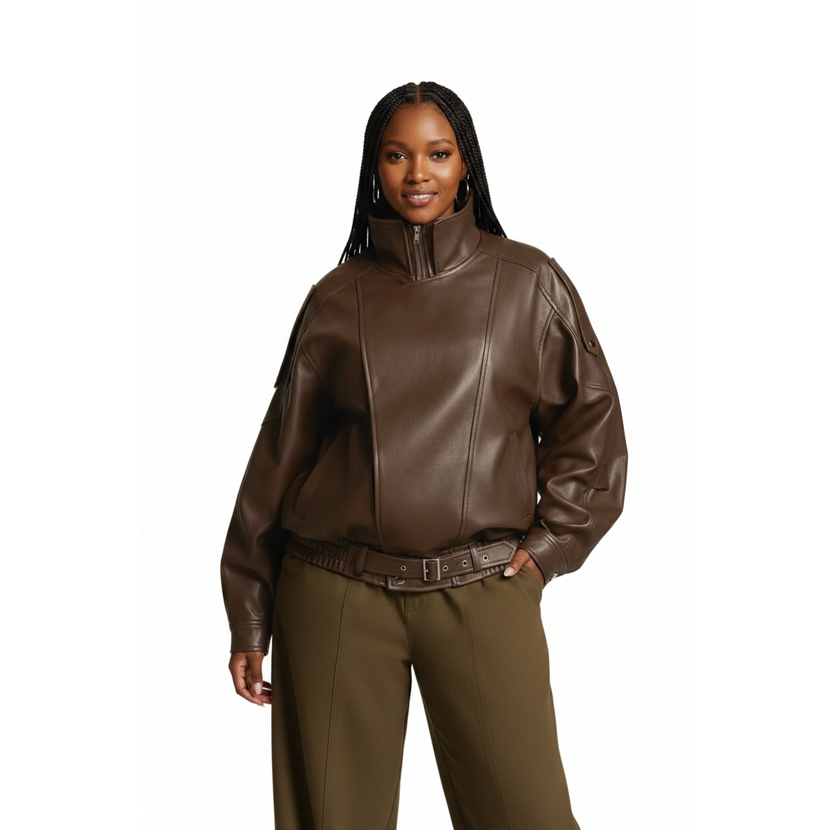 Oversized Faux-Leather Batwing Bomber Jacket