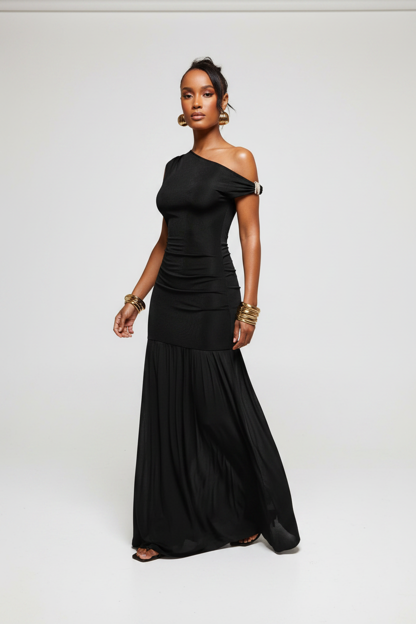 Asymmetrical One-Shoulder Strap Maxi Dress