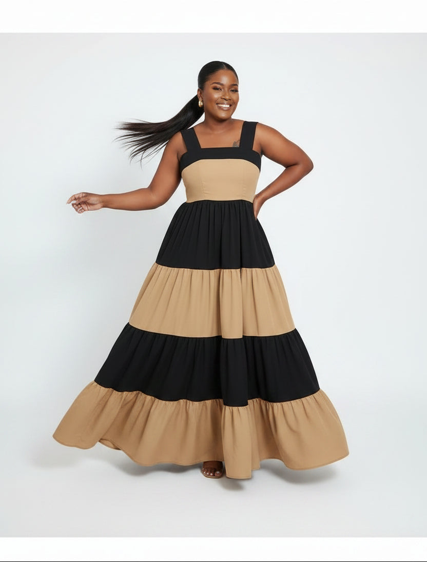 Color-Blocked Square Neck Tiered Maxi Dress