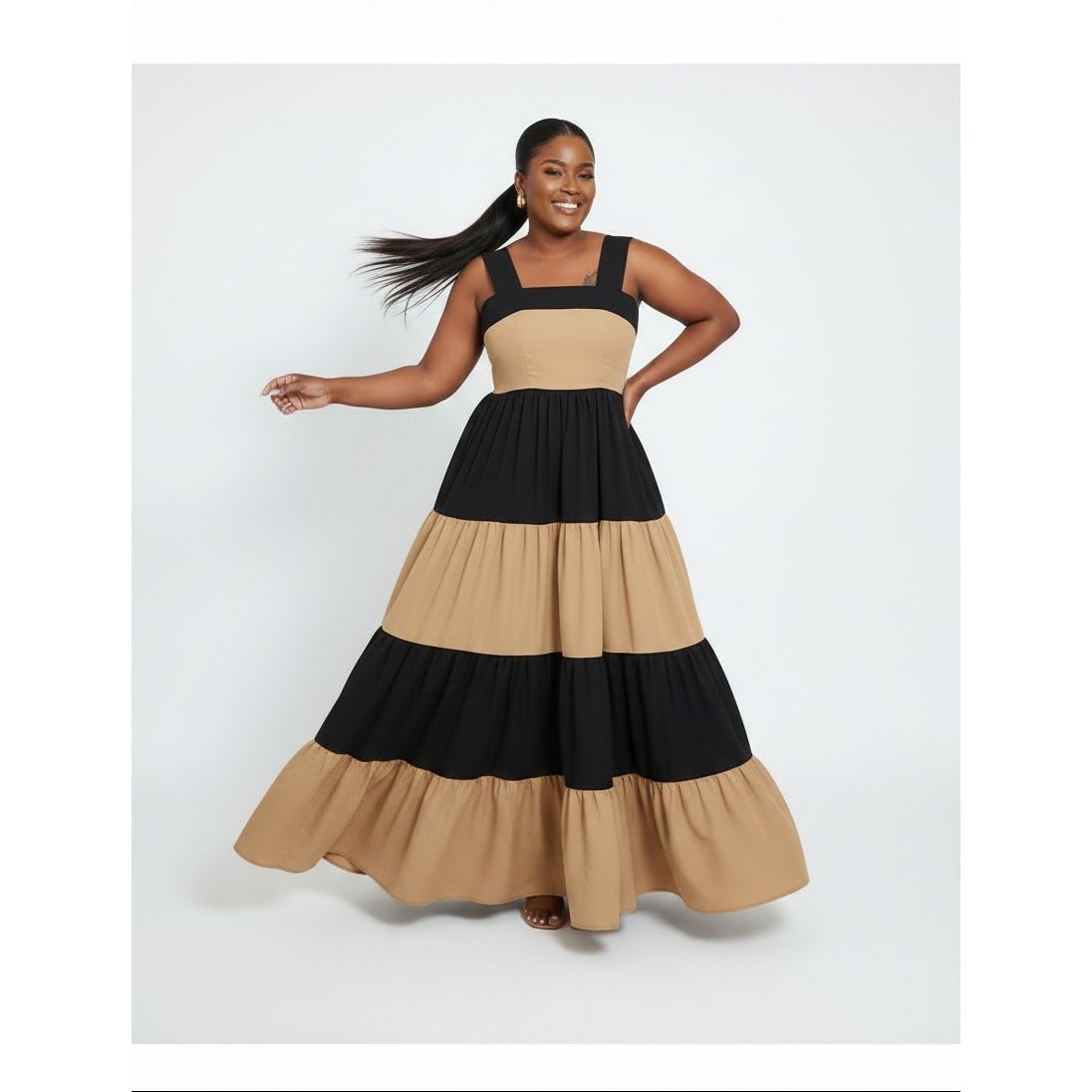 Colour-Block Square-Neck Tiered Maxi Dress