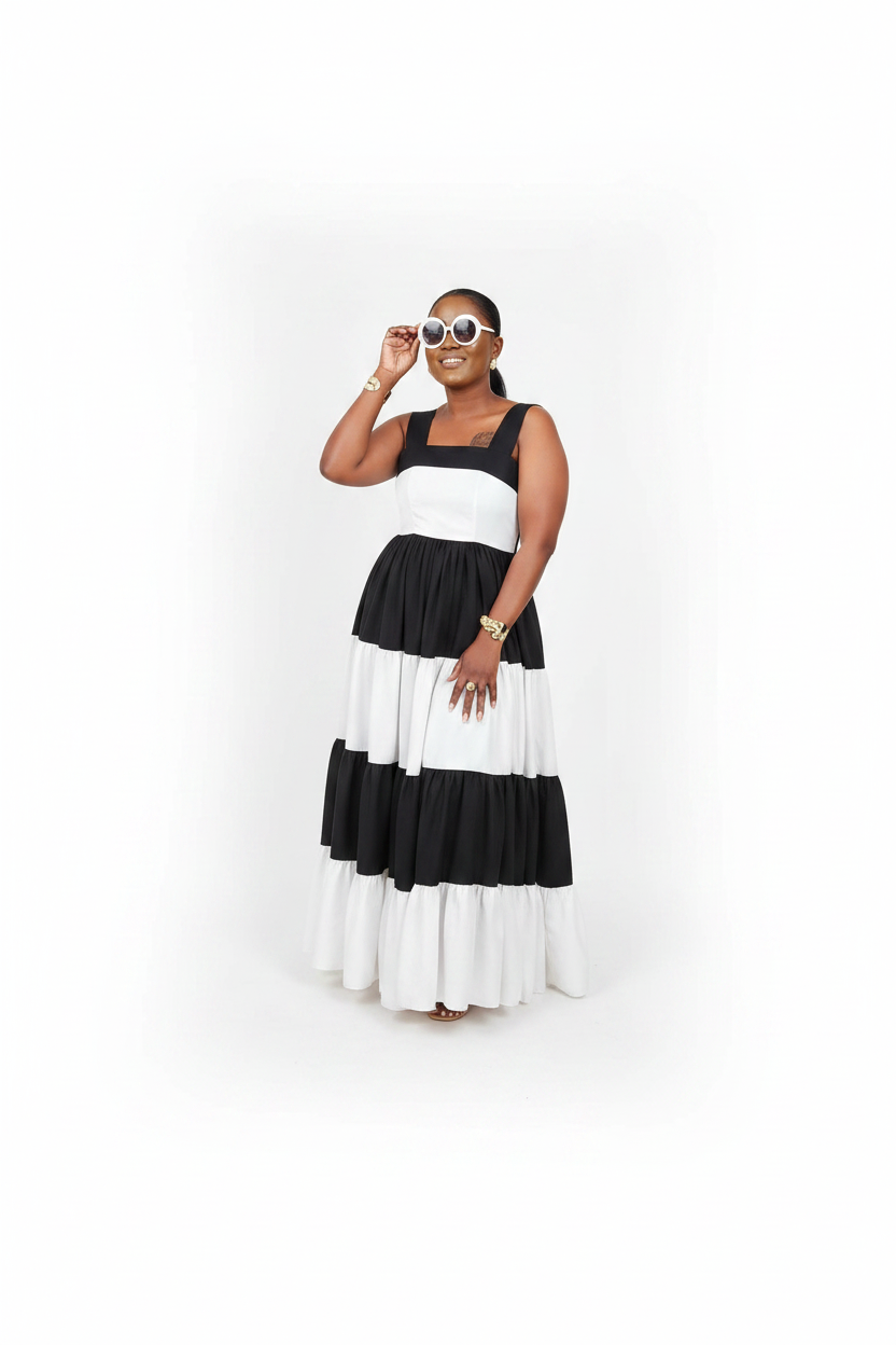 Color-Blocked Square Neck Tiered Maxi Dress