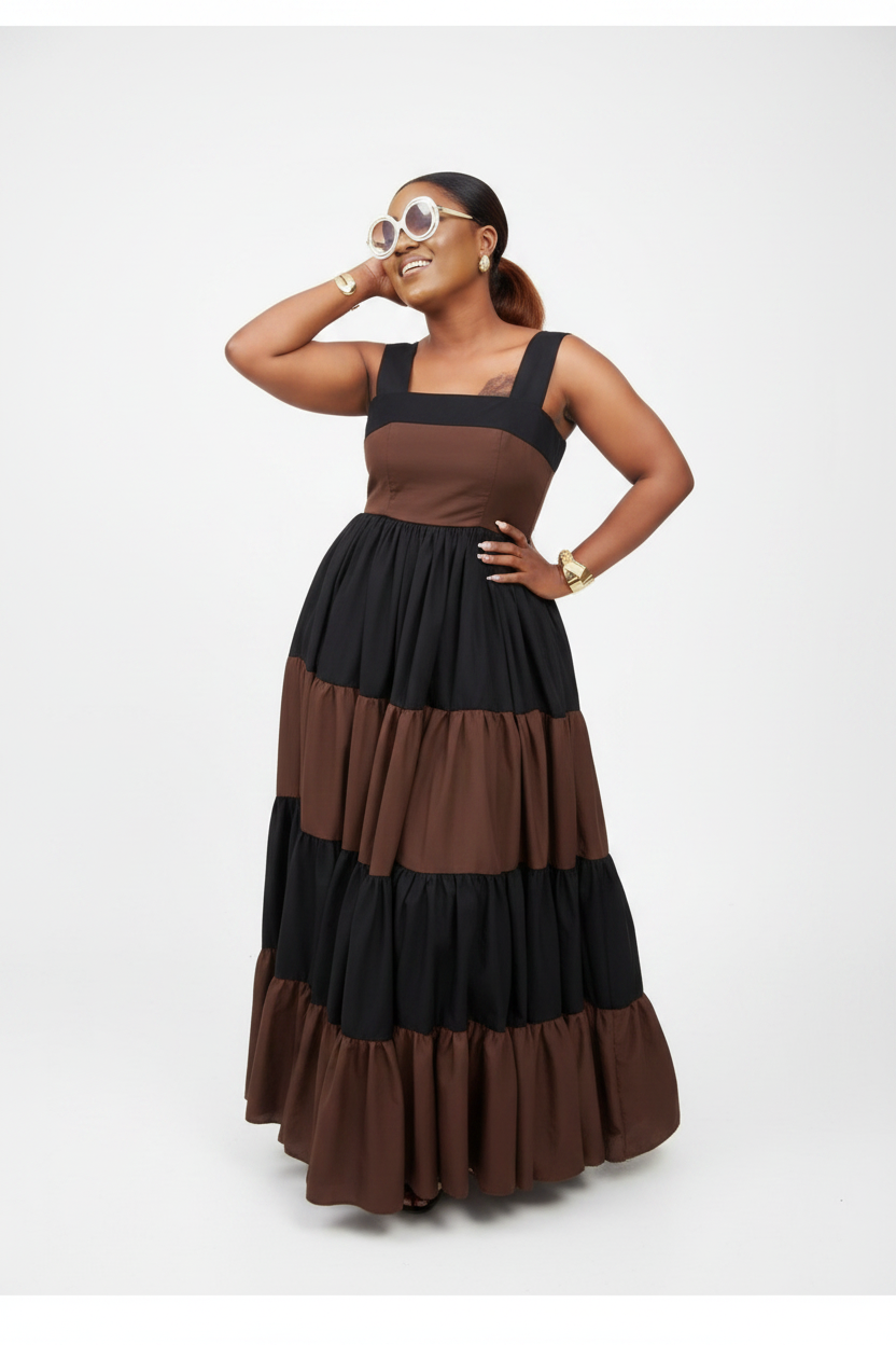 Color-Blocked Square Neck Tiered Maxi Dress