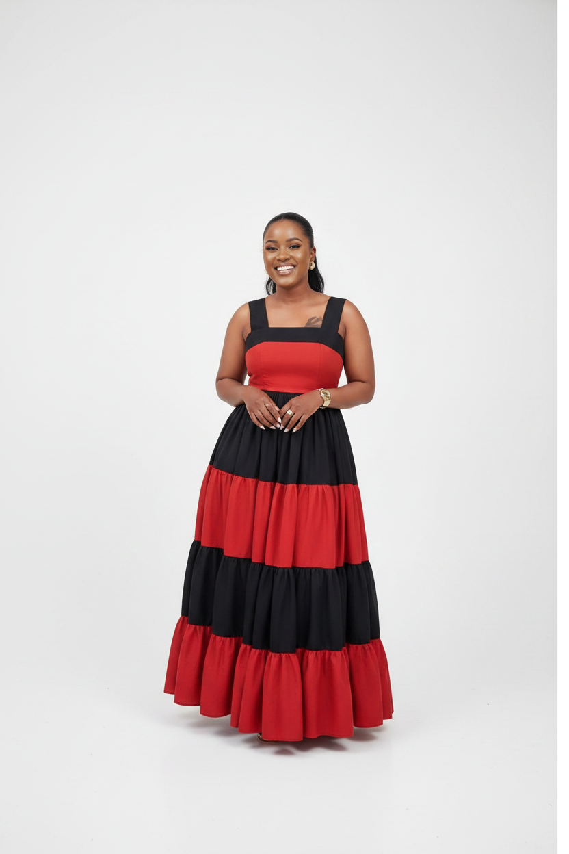 Color-Blocked Square Neck Tiered Maxi Dress