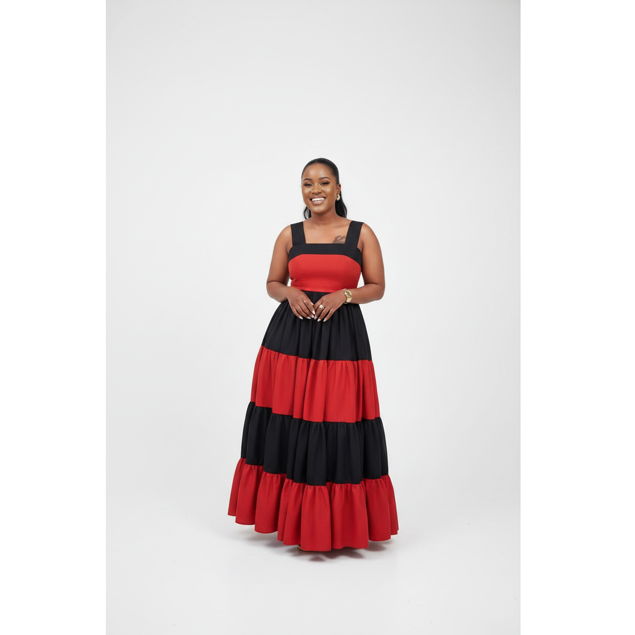 Colour-Block Square-Neck Tiered Maxi Dress