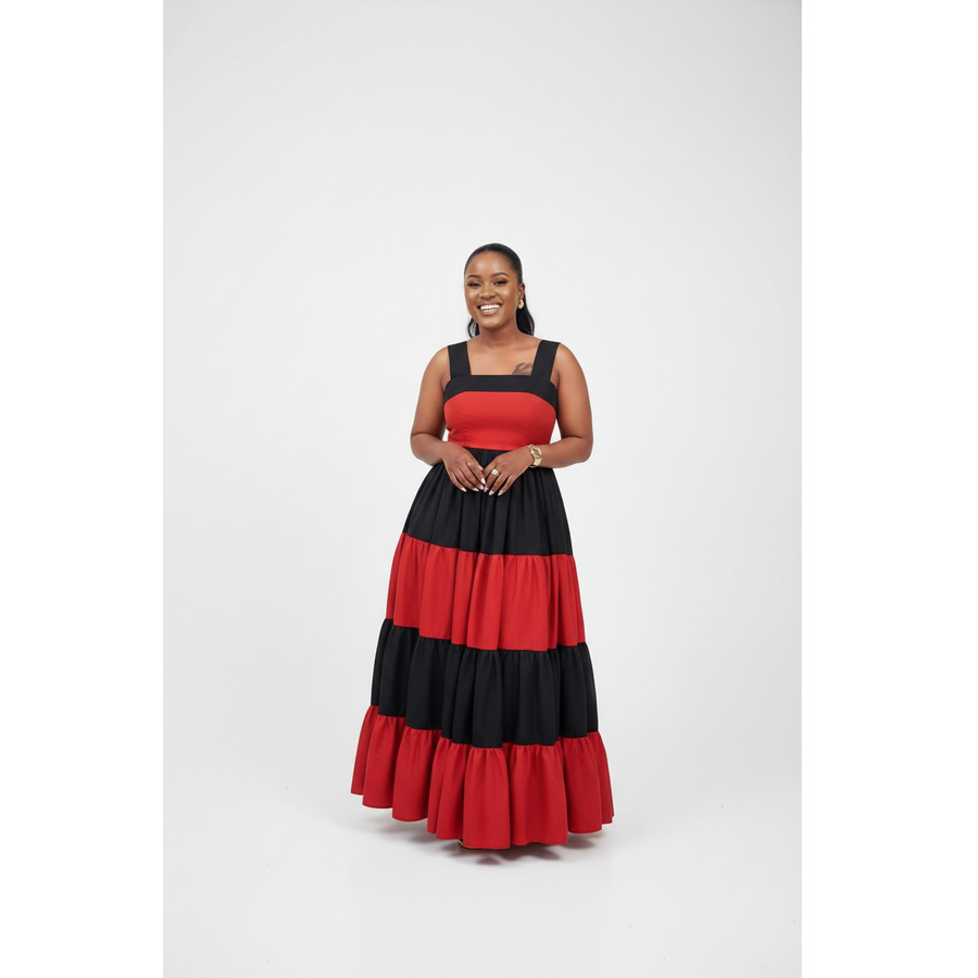 Color-Blocked Square Neck Tiered Maxi Dress