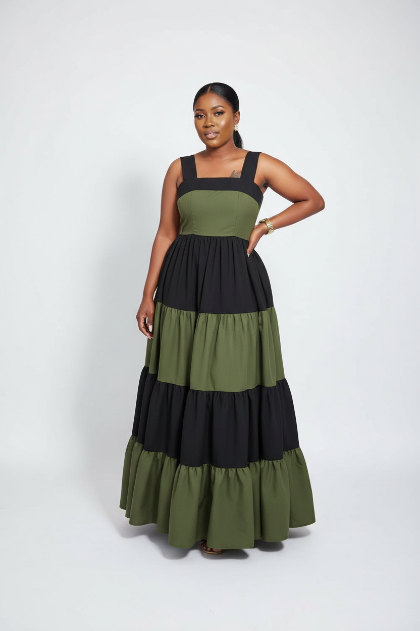 Color-Blocked Square Neck Tiered Maxi Dress
