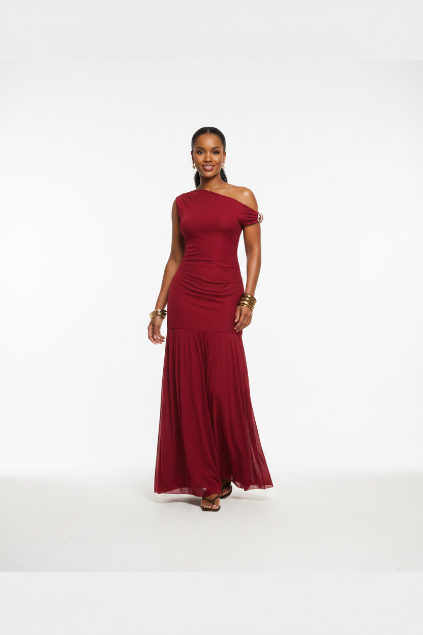 Asymmetrical One-Shoulder Strap Maxi Dress