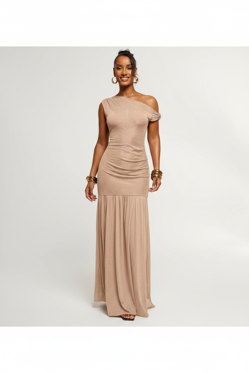 Asymmetrical One-Shoulder Strap Maxi Dress