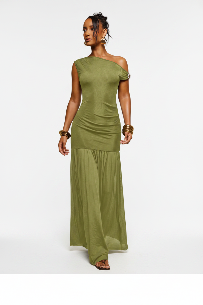 Asymmetrical One-Shoulder Strap Maxi Dress