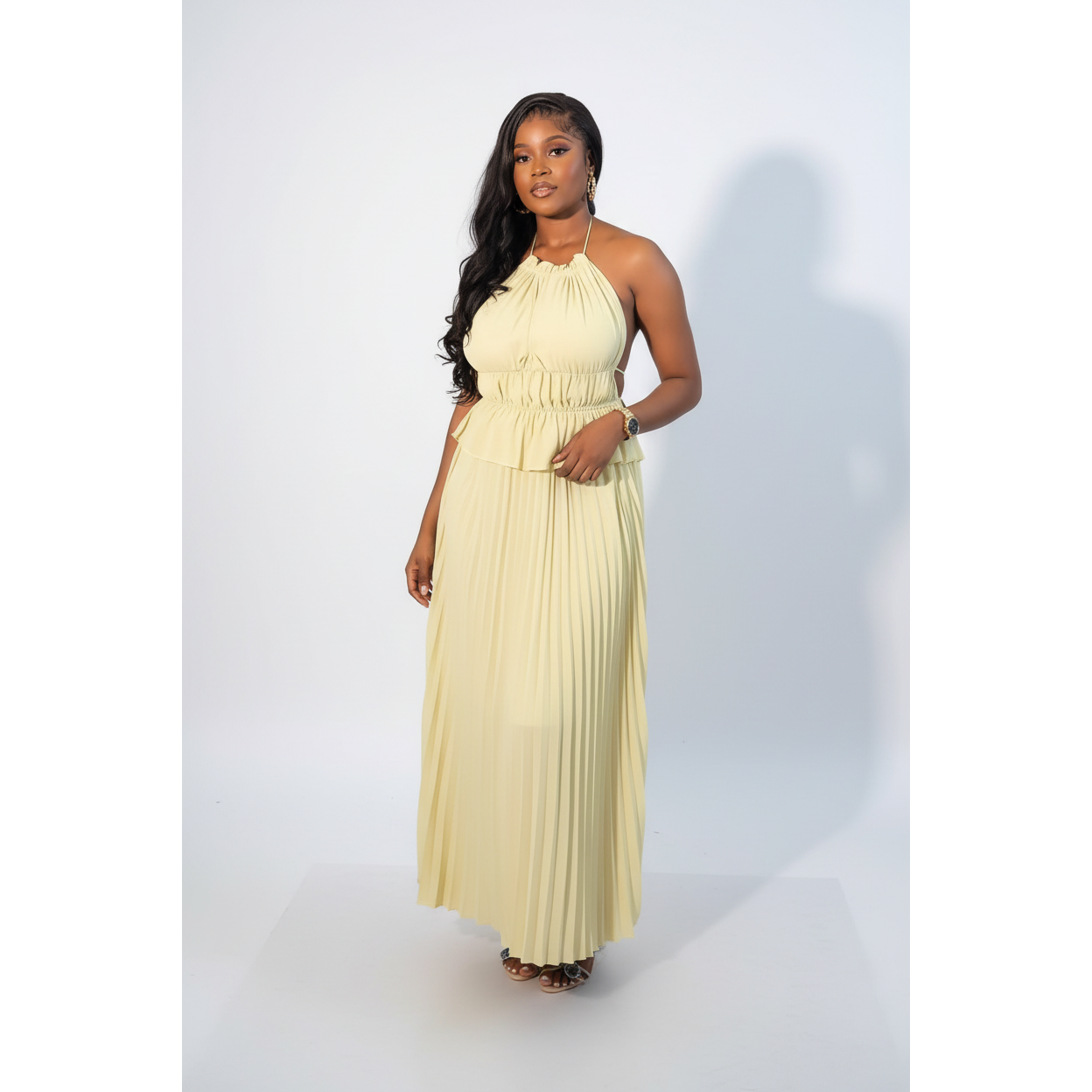 Pleated Halter Neck Backless Midi Dress