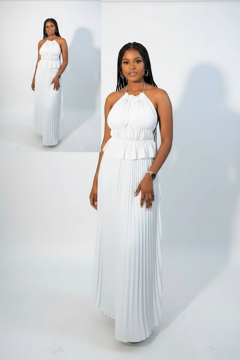 Pleated Halter Neck Backless Midi Dress