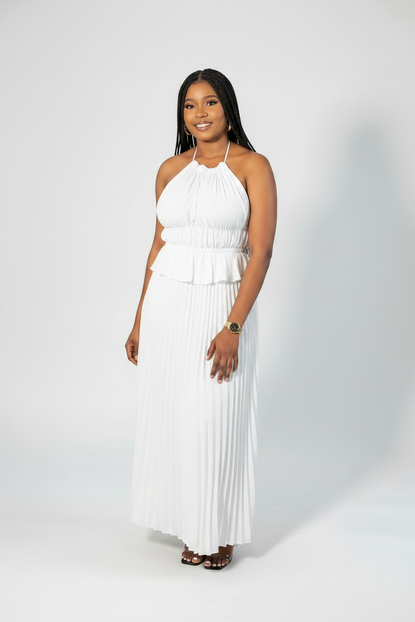 Pleated Halter Neck Backless Midi Dress