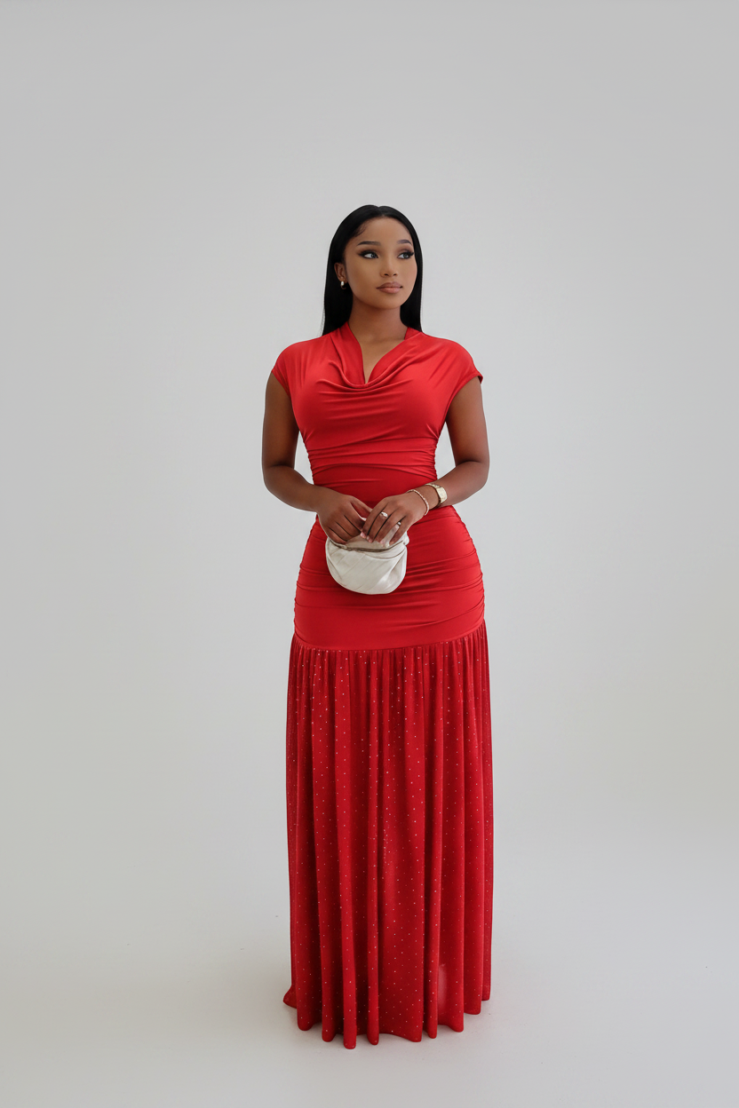 Classic Ruched Cowl-Neck Maxi Dress