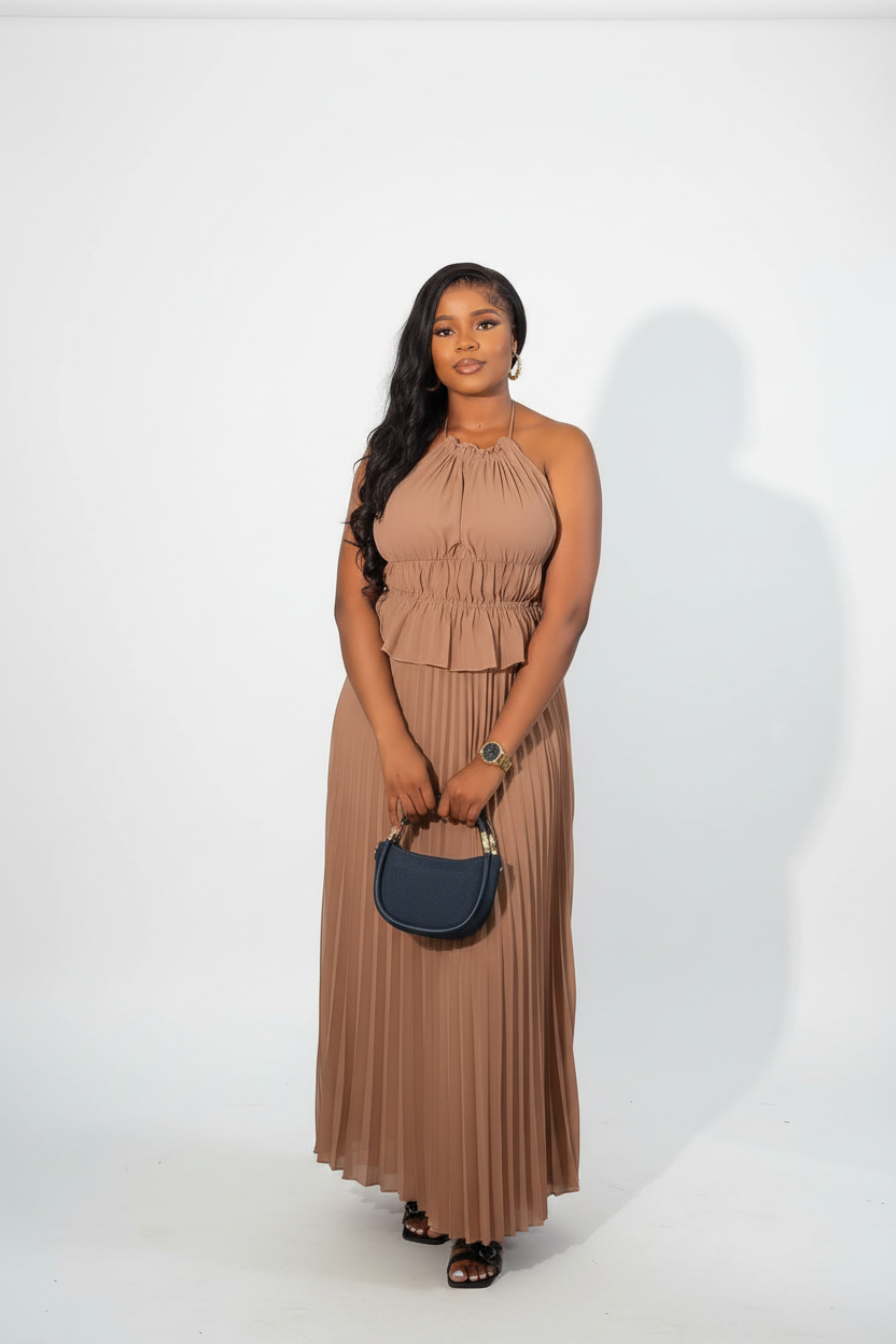 Pleated Halter Neck Backless Midi Dress