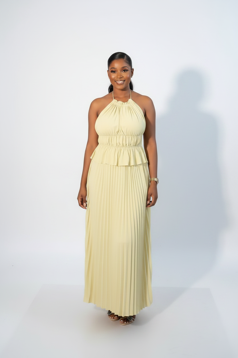 Pleated Halter Neck Backless Midi Dress