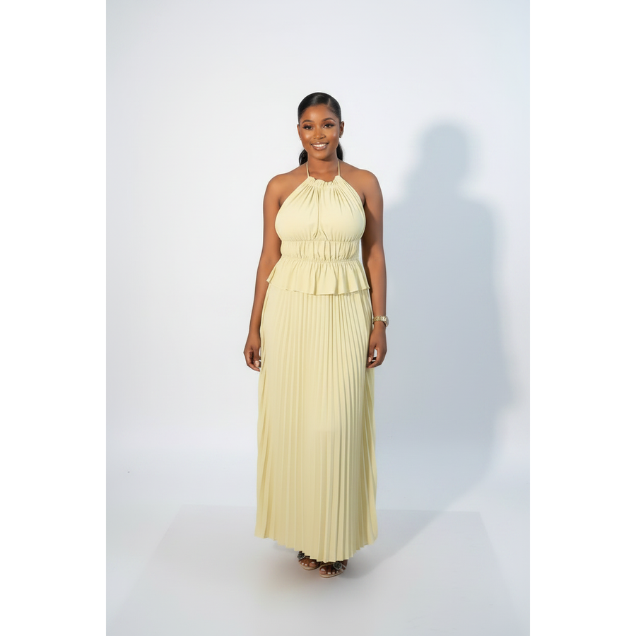 Pleated Halter Neck Backless Midi Dress