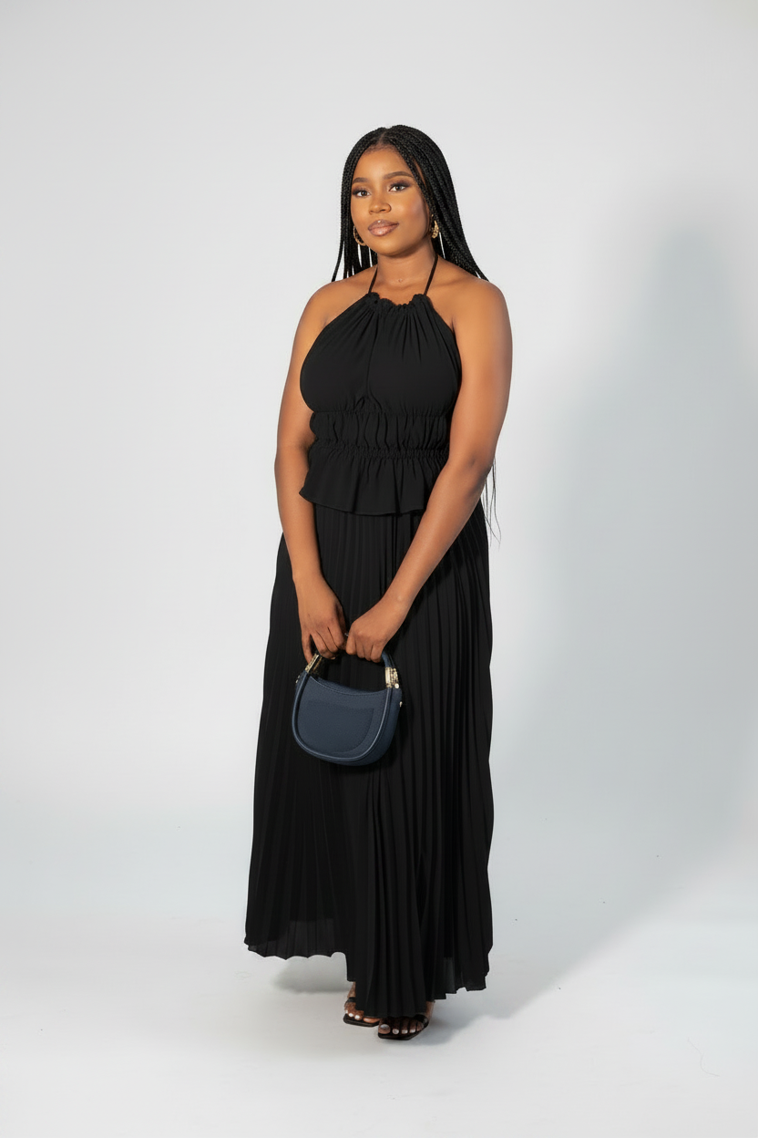 Pleated Halter Neck Backless Midi Dress