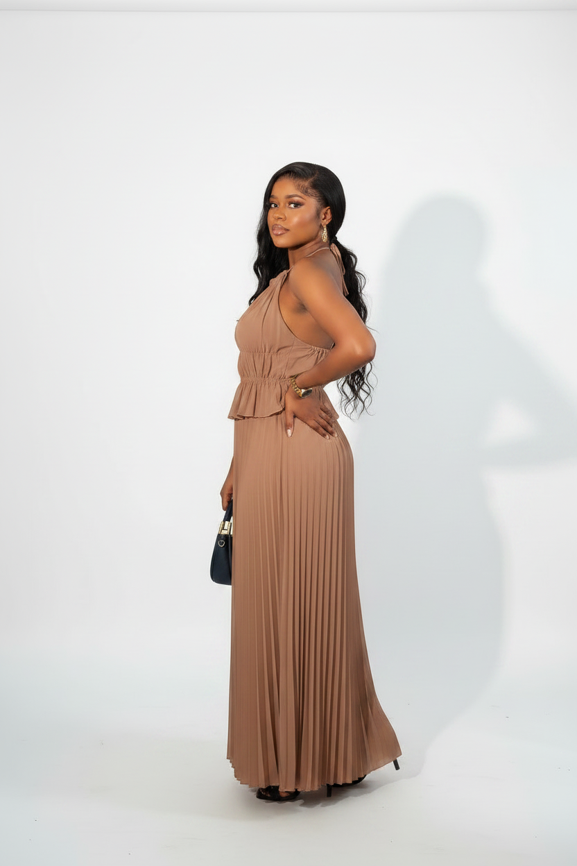 Pleated Halter Neck Backless Midi Dress