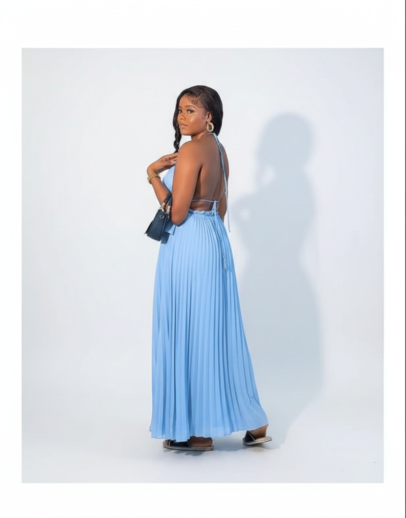 Pleated Halter Neck Backless Midi Dress