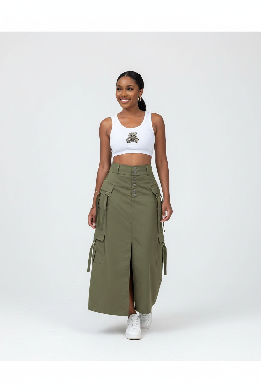 High-Waist Multi-Pocket Cargo Maxi Skirt