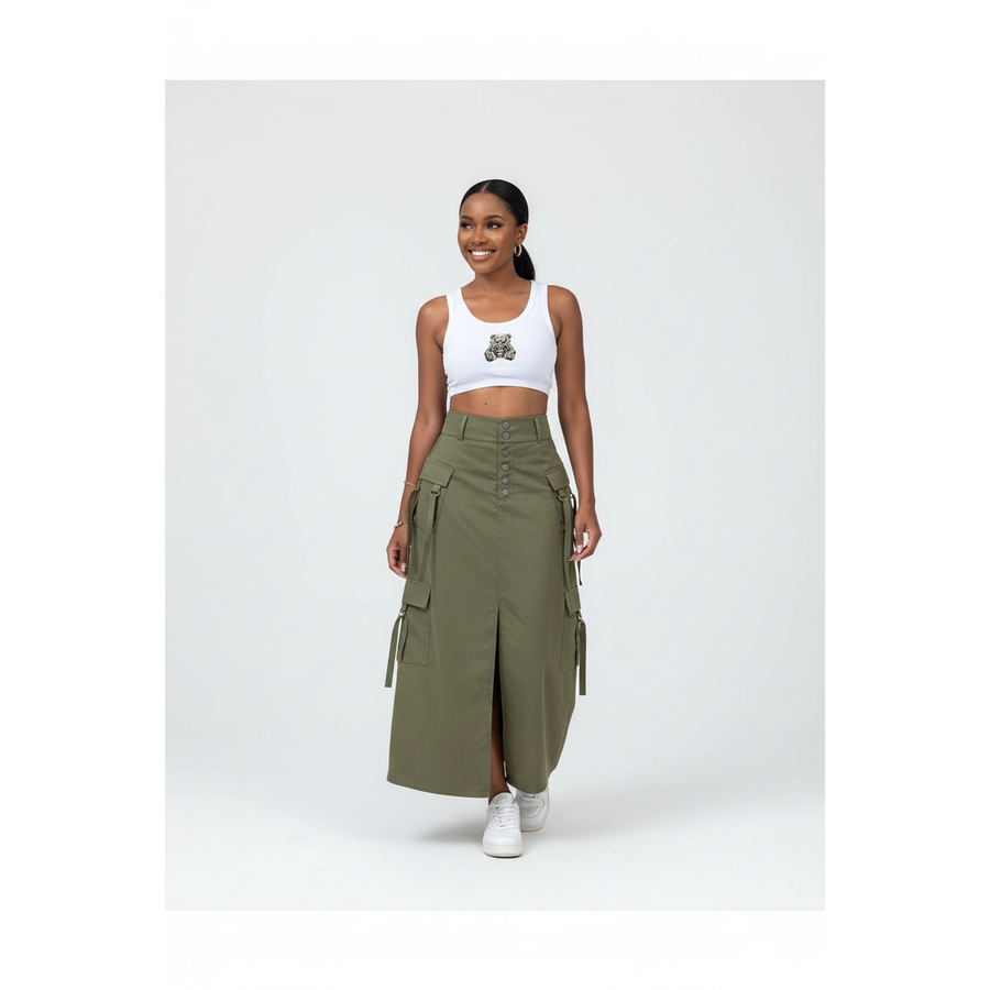 High-Waist Multi-Pocket Cargo Maxi Skirt