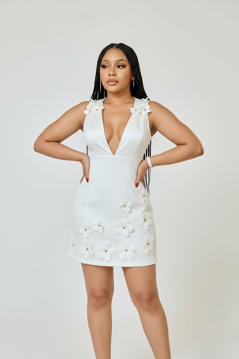 Deep V-Neck 3D Floral Mini Dress