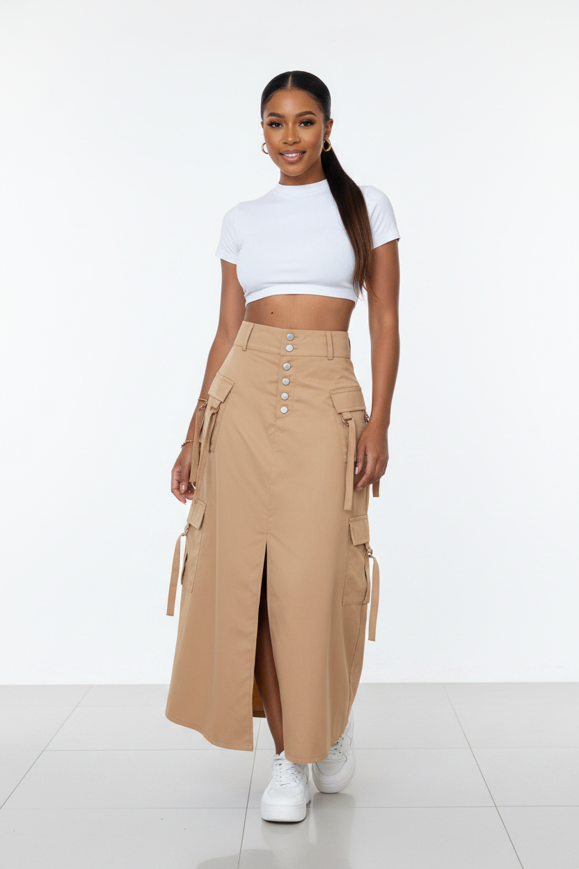 High-Waist Multi-Pocket Cargo Maxi Skirt
