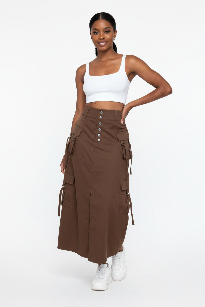 High-Waist Multi-Pocket Cargo Maxi Skirt