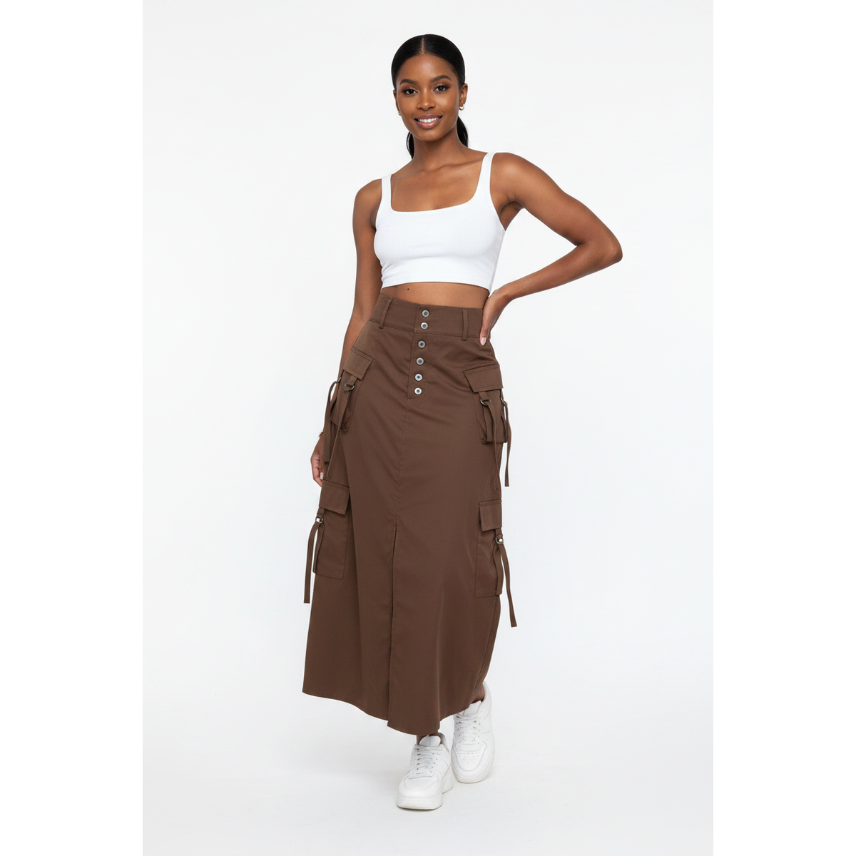 High-Waist Multi-Pocket Cargo Maxi Skirt